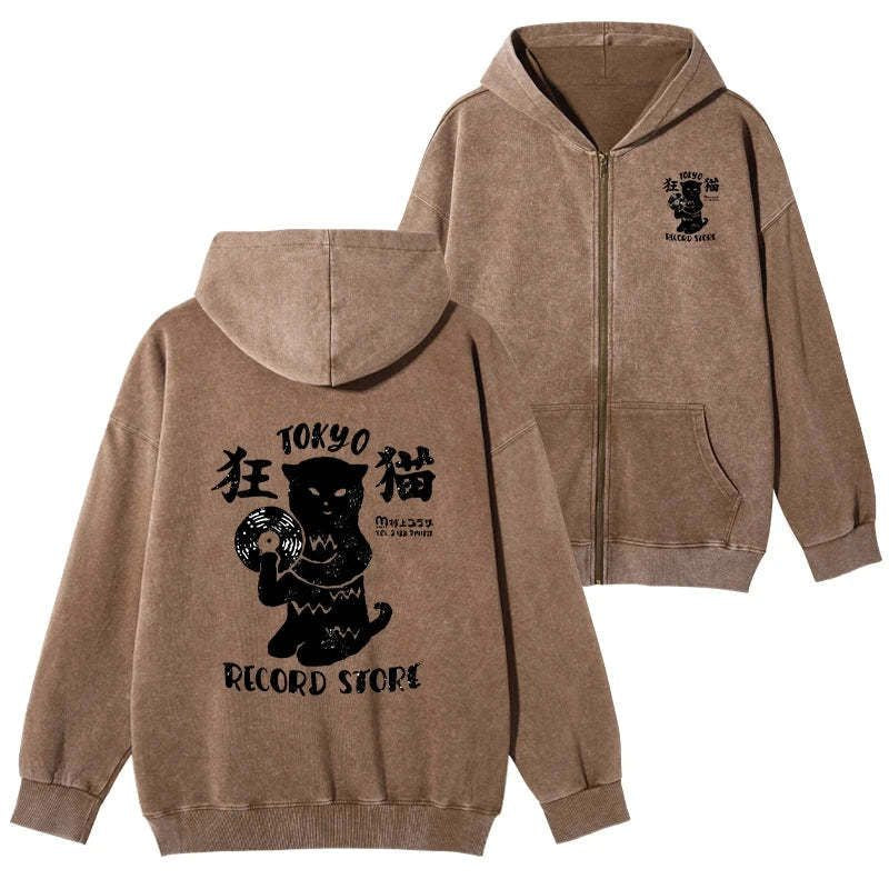 Kyoto-Lion Tokyo Record Store Cat CD Washed Zip Hoodie