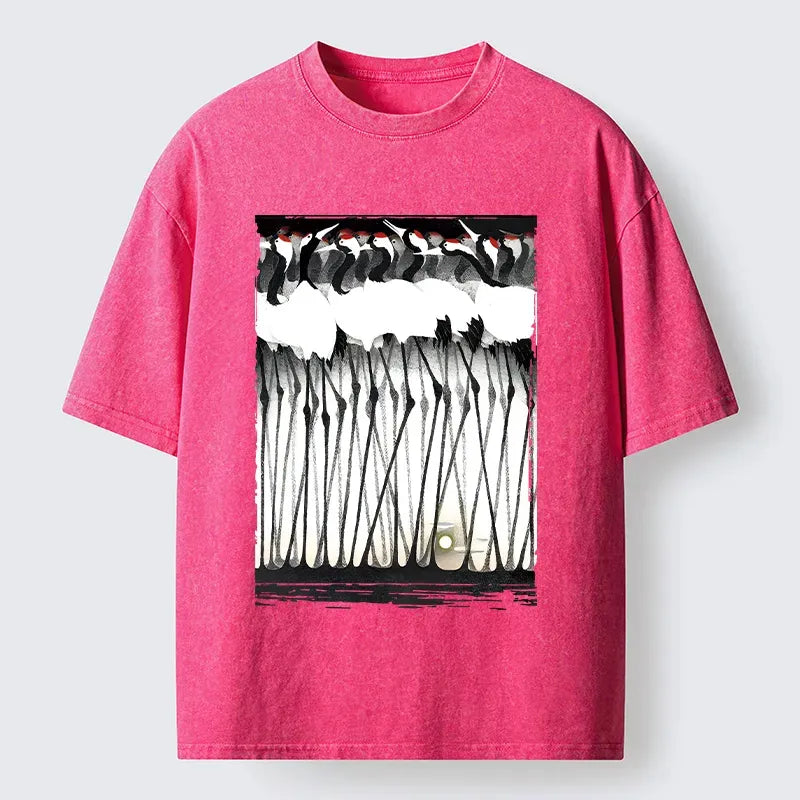 Kyoto-Lion Crane Flock Ancient Painting Washed T-Shirt