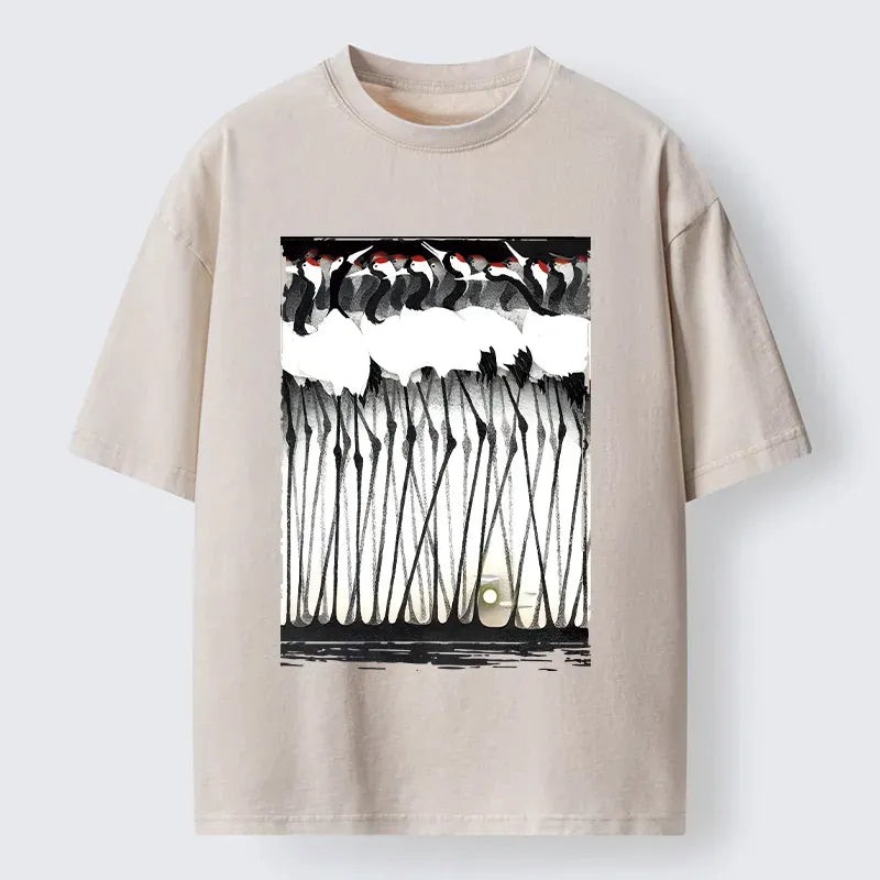 Kyoto-Lion Crane Flock Ancient Painting Washed T-Shirt