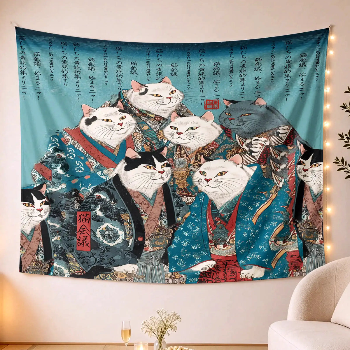 Kyoto-Lion Formal Gathering of Ukiyo-e Cat Nobles Tapestry