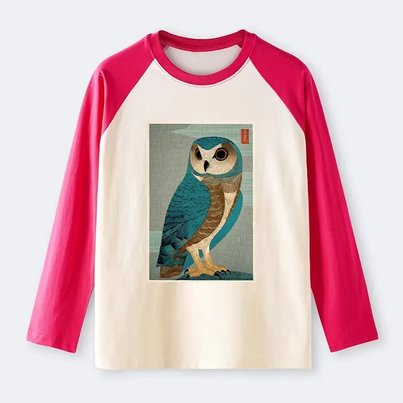 vintage japanese owl woodblock raglan t-shirt