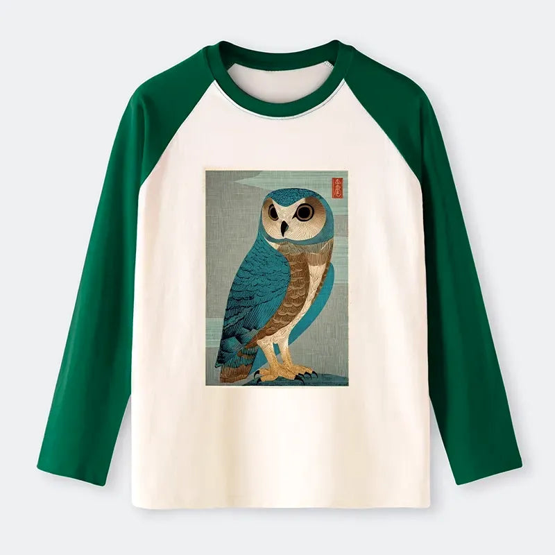 vintage japanese owl woodblock raglan t-shirt