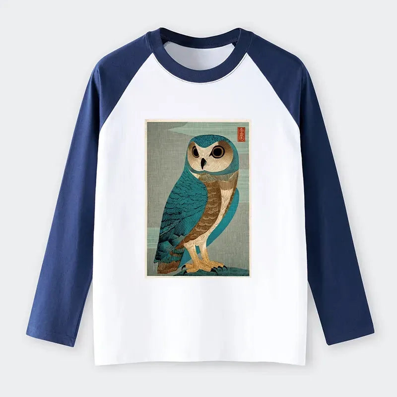 vintage japanese owl woodblock raglan t-shirt