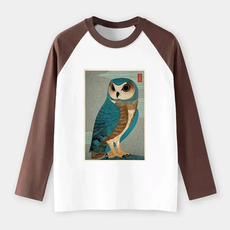 Kyoto-Lion Vintage Owl Woodblock Art Raglan Long Sleeve T-shirt