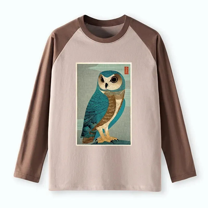 Kyoto-Lion Vintage Owl Woodblock Art Raglan Long Sleeve T-shirt