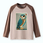 Kyoto-Lion Vintage Owl Woodblock Art Raglan Long Sleeve T-shirt