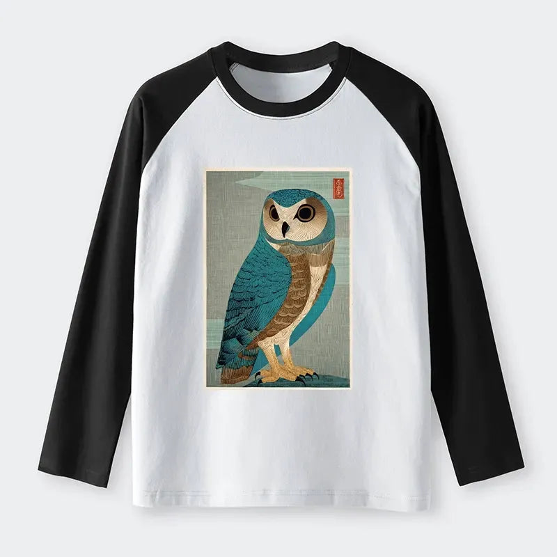 vintage japanese owl woodblock raglan t-shirt
