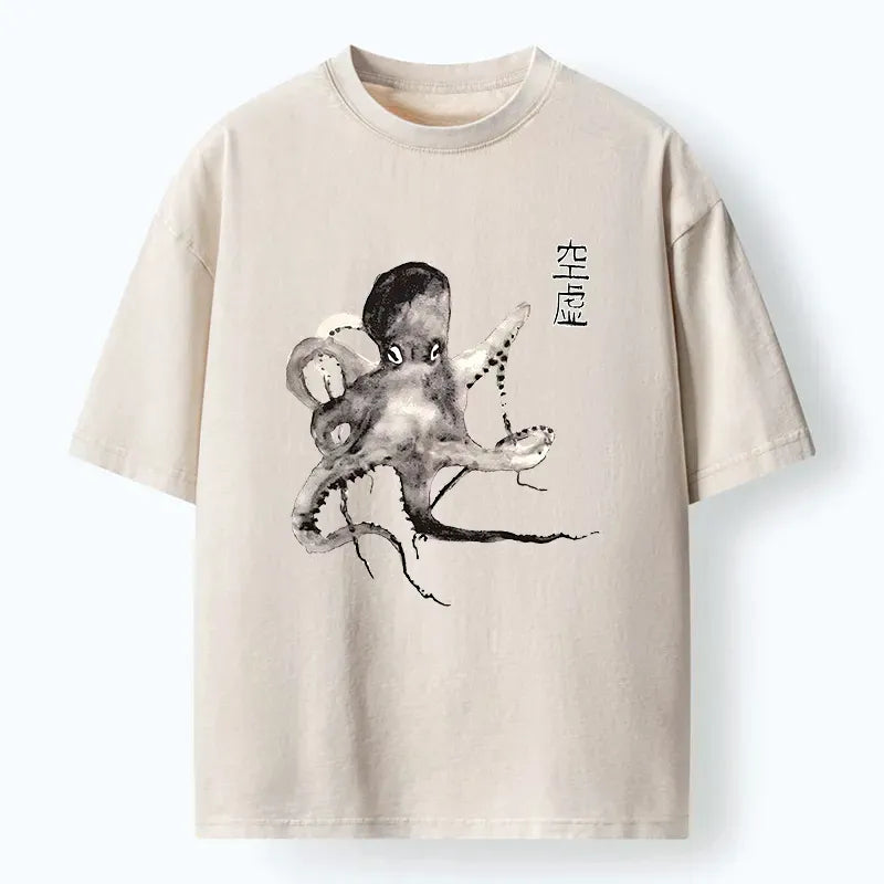Kyoto-Lion Octopus Ink Painting Washed T-Shirt