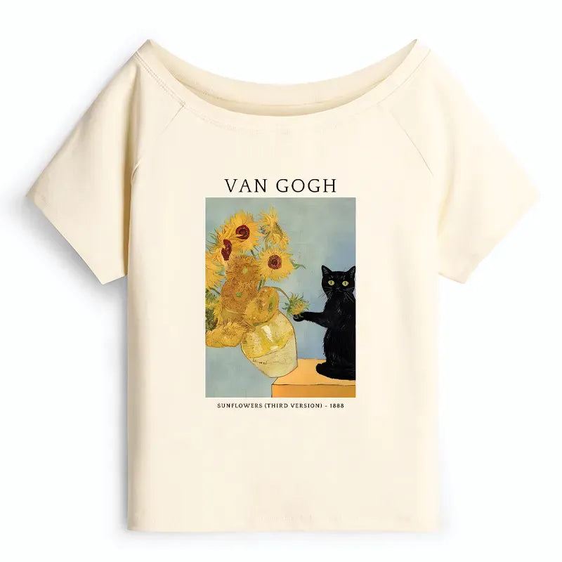Kyoto-Lion Black Cat With Sunflowers Off Shoulder T-Shirt