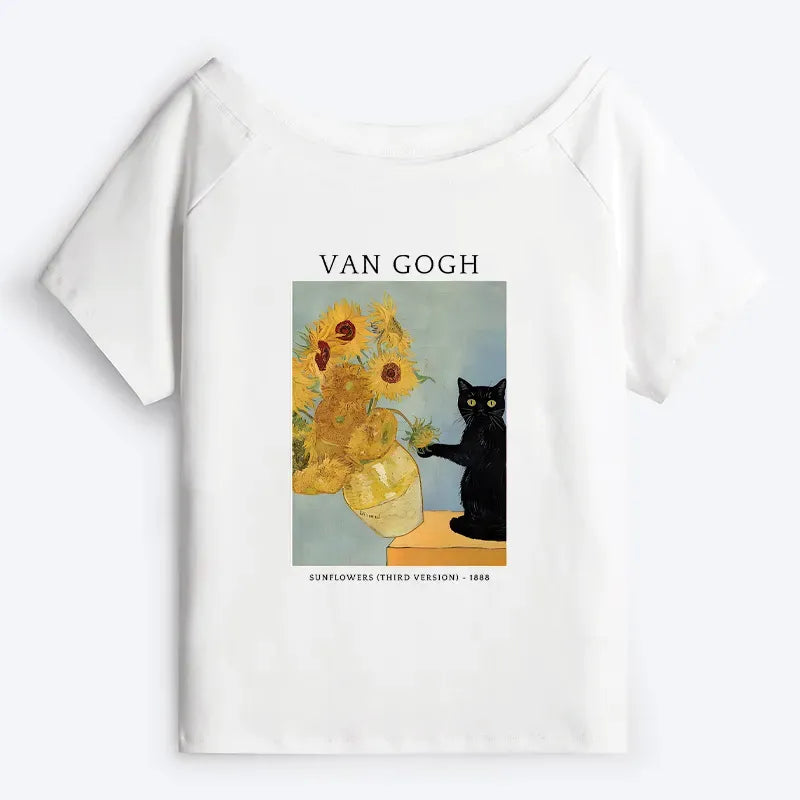 Japanese Black Cat Off Shoulder T-Shirt