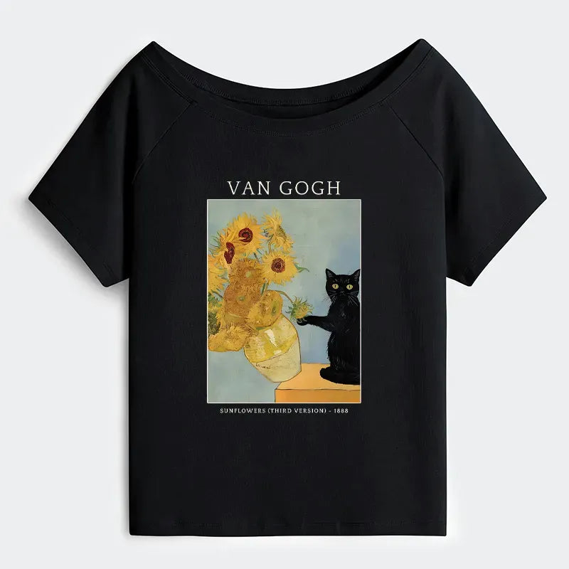 Kyoto-Lion Black Cat With Sunflowers Off Shoulder T-Shirt