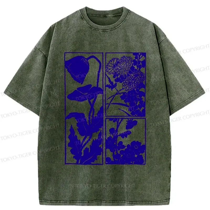 Kyoto-Lion Woodcut Flowers Washed T-Shirt