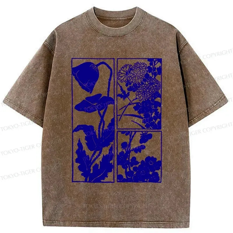 Kyoto-Lion Woodcut Flowers Washed T-Shirt