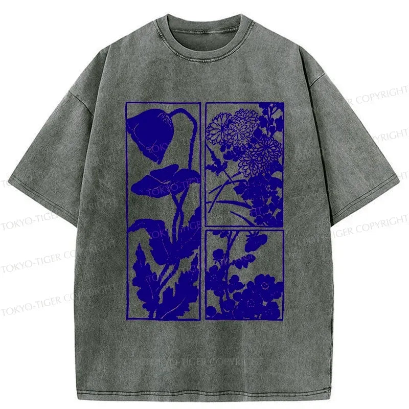 Kyoto-Lion Woodcut Flowers Washed T-Shirt