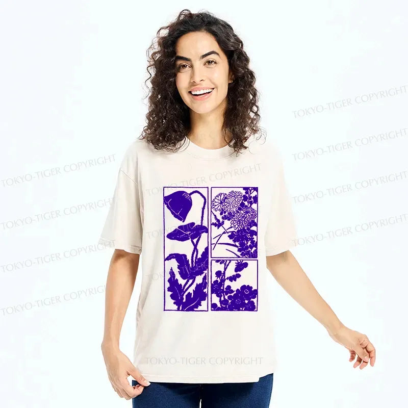 Japanese Woodcut Flowers Washed T-Shirt