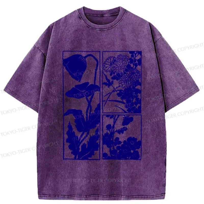 Kyoto-Lion Woodcut Flowers Washed T-Shirt
