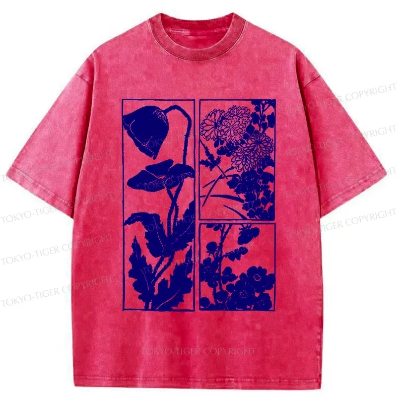 Kyoto-Lion Woodcut Flowers Washed T-Shirt