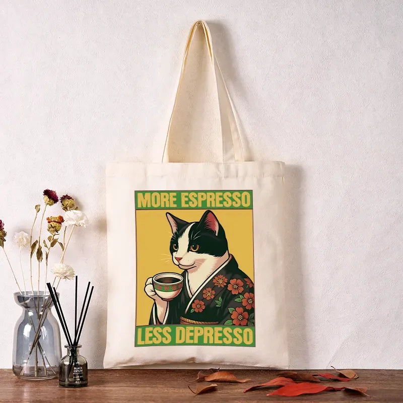 Kyoto-Lion Tuxedo Cat Drinking Coffee Tote Bag