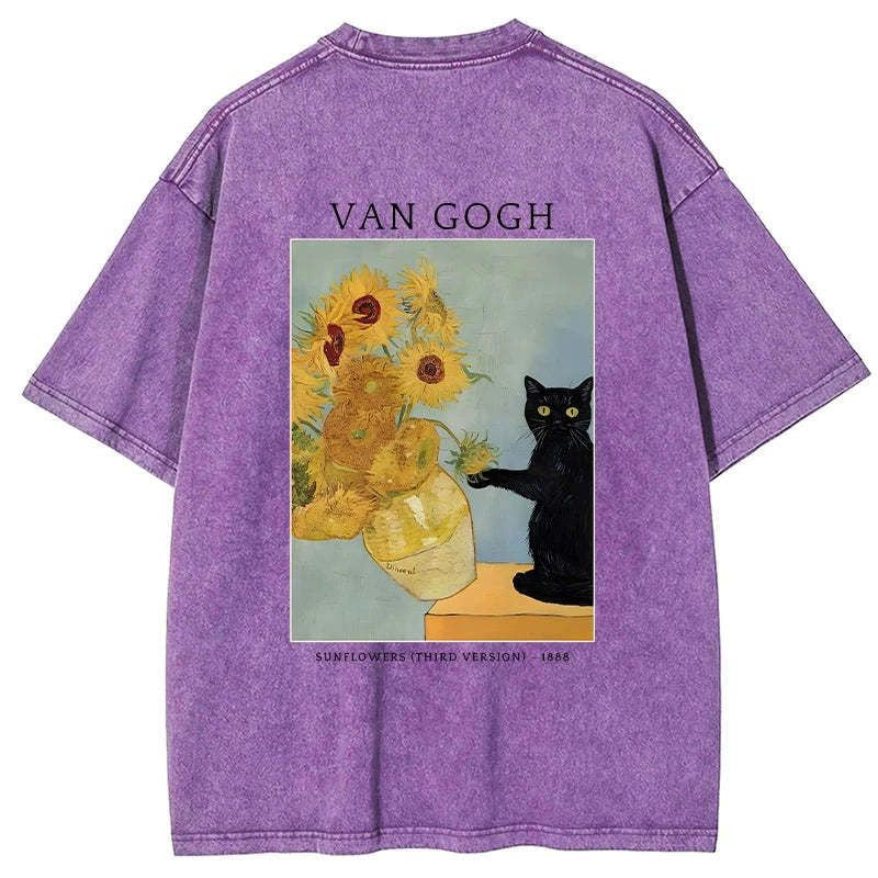Japanese Black Cat Sunflower Washed T-Shirt Best Seller