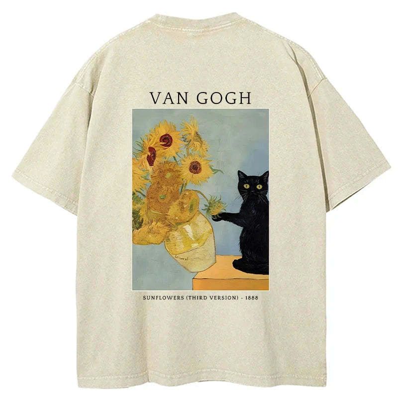 Japanese Black Cat Sunflower Washed T-Shirt Best Seller
