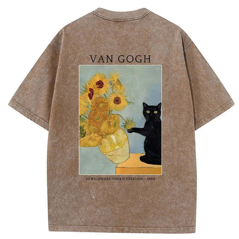 Japanese Black Cat Sunflower Washed T-Shirt Best Seller