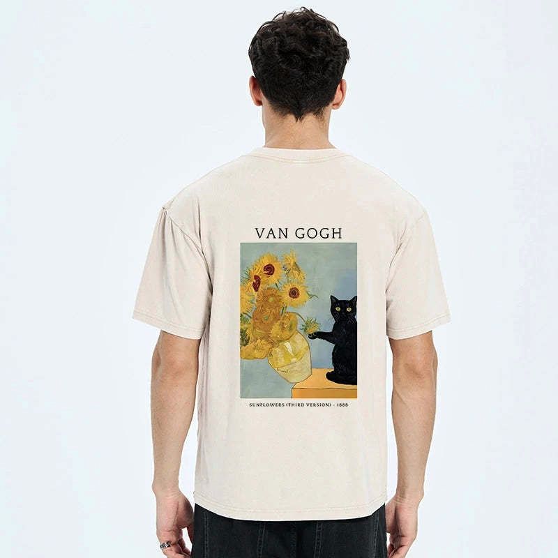 Kyoto-Lion Black Cat With Sunflowers Back Washed T-Shirt