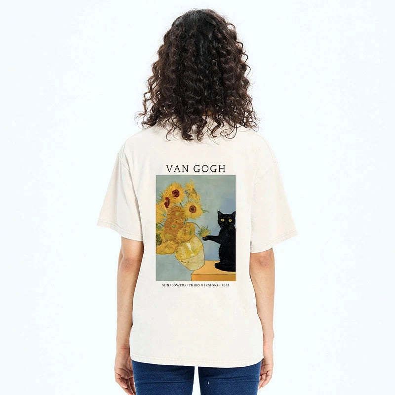 Japanese Black Cat Sunflower Washed T-Shirt Best Seller