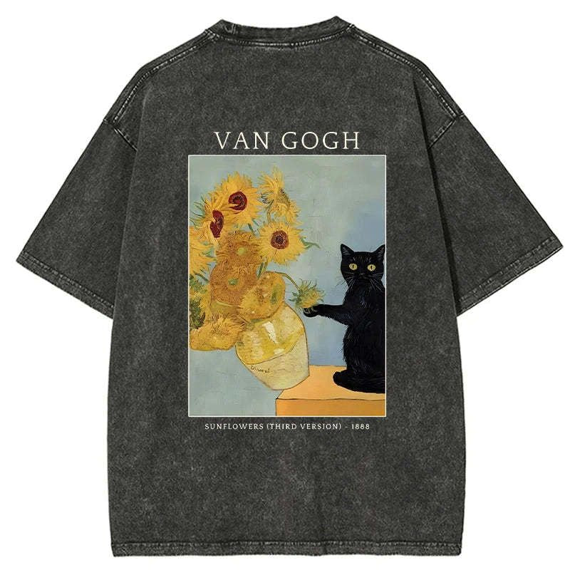 Kyoto-Lion Black Cat With Sunflowers Back Washed T-Shirt