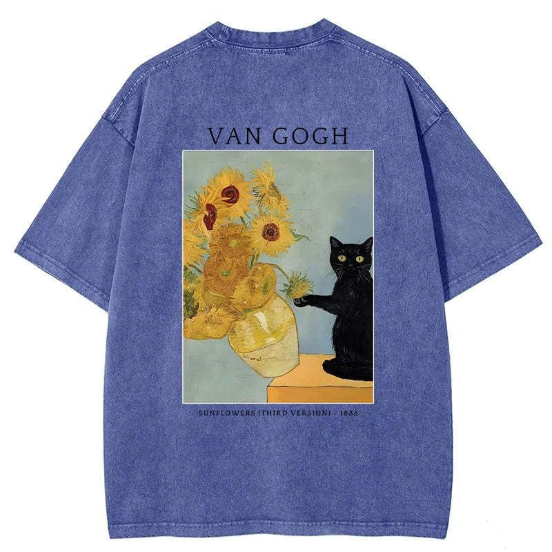 Japanese Black Cat Sunflower Washed T-Shirt Best Seller