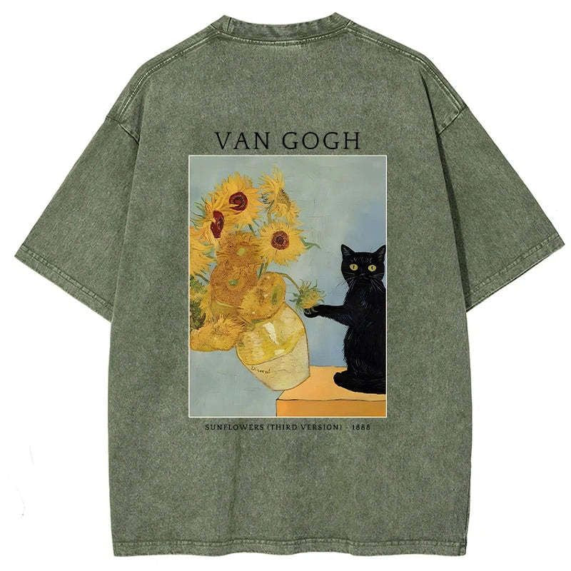 Japanese Black Cat Sunflower Washed T-Shirt Best Seller