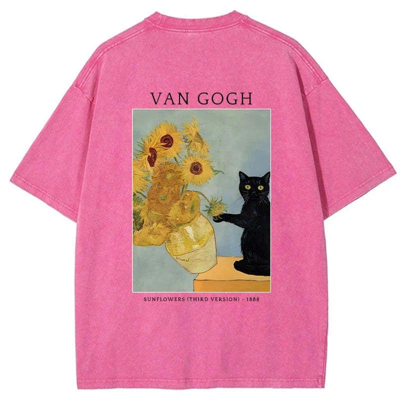 Kyoto-Lion Black Cat With Sunflowers Back Washed T-Shirt