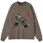 Kyoto-Lion Contemplative Robot Cat Washed Long Sleeve T-Shirt