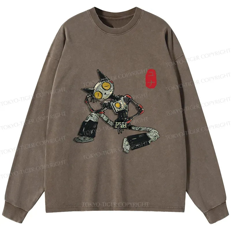 Kyoto-Lion Contemplative Robot Cat Washed Long Sleeve T-Shirt
