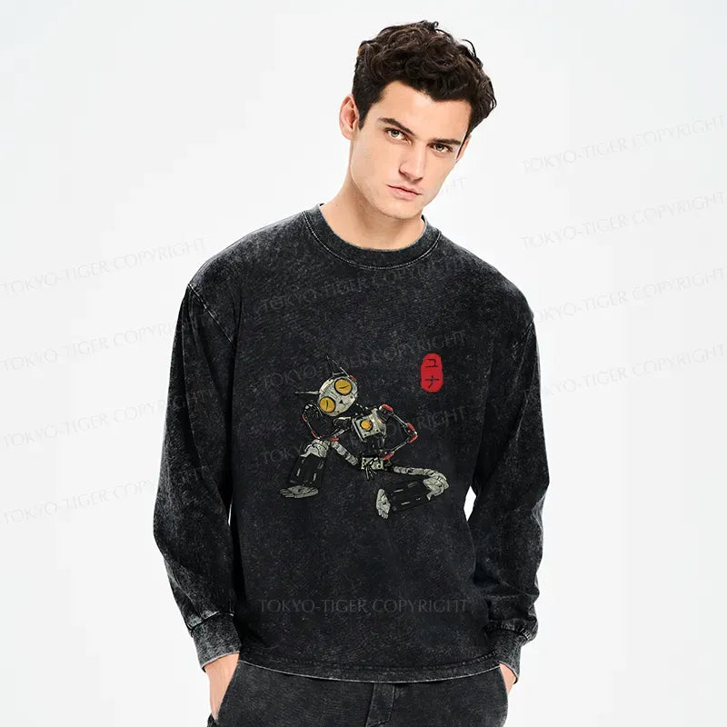 Kyoto-Lion Contemplative Robot Cat Washed Long Sleeve T-Shirt