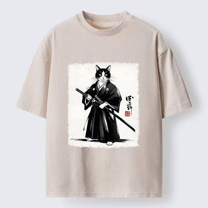 Kyoto-Lion Samurai Cat With Katana Art Washed T-Shirt