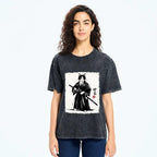 Kyoto-Lion Samurai Cat With Katana Art Washed T-Shirt