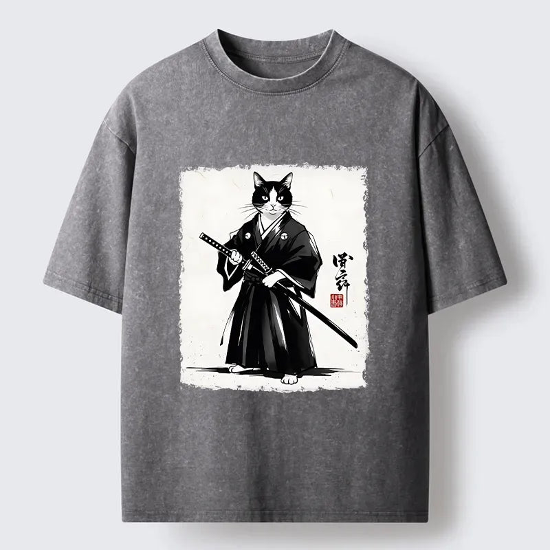 Kyoto-Lion Samurai Cat With Katana Art Washed T-Shirt