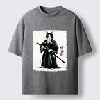 Kyoto-Lion Samurai Cat With Katana Art Washed T-Shirt