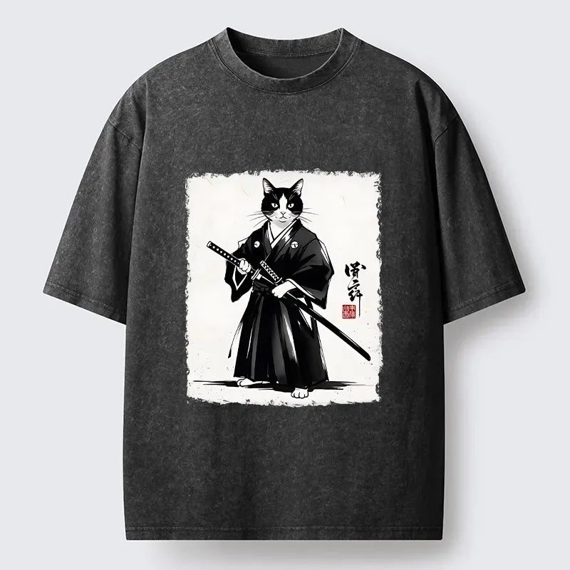 Kyoto-Lion Samurai Cat With Katana Art Washed T-Shirt