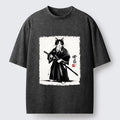 Kyoto-Lion Samurai Cat With Katana Art Washed T-Shirt