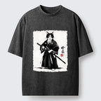 Kyoto-Lion Samurai Cat With Katana Art Washed T-Shirt