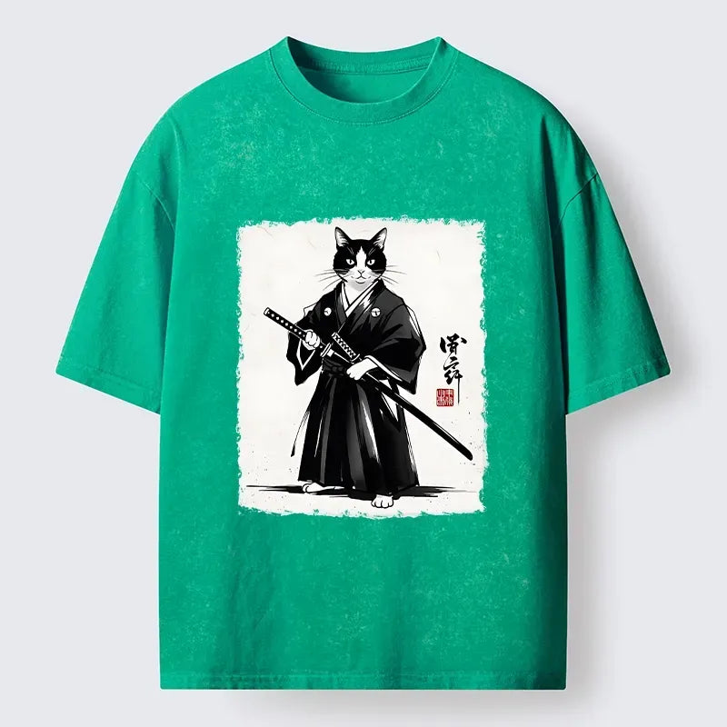 Kyoto-Lion Samurai Cat With Katana Art Washed T-Shirt
