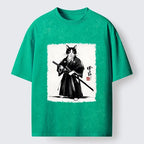 Kyoto-Lion Samurai Cat With Katana Art Washed T-Shirt