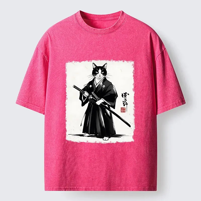 Kyoto-Lion Samurai Cat With Katana Art Washed T-Shirt