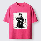Kyoto-Lion Samurai Cat With Katana Art Washed T-Shirt