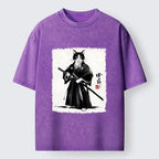 Kyoto-Lion Samurai Cat With Katana Art Washed T-Shirt