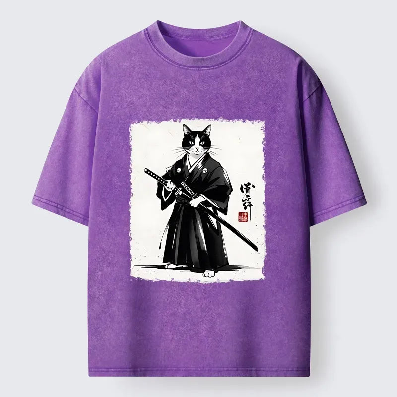 Kyoto-Lion Samurai Cat With Katana Art Washed T-Shirt