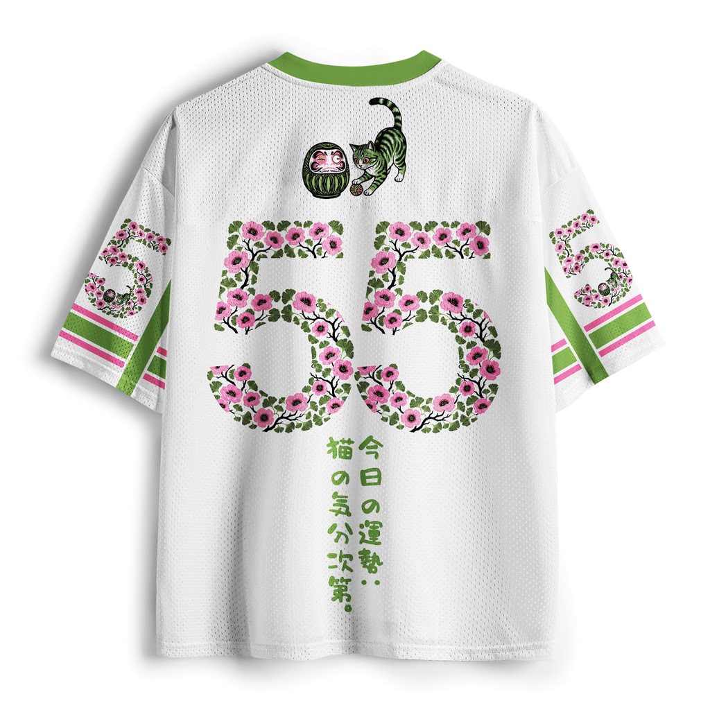 Kyoto-Lion Lucky Daruma Painting Tabby Cat Cherry Blossom Mesh Jersey
