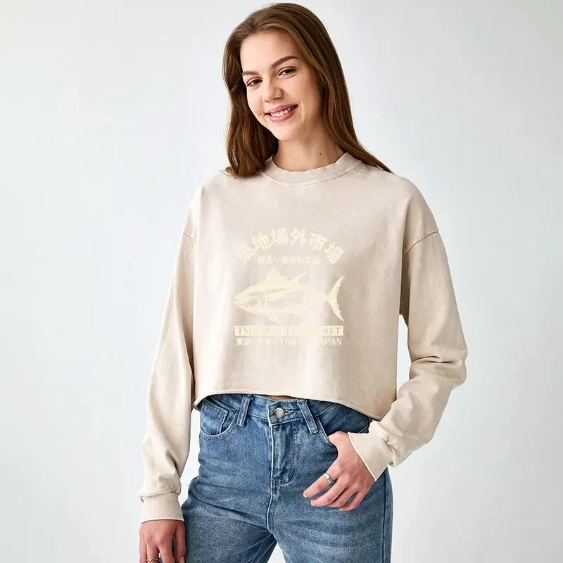 Kyoto-Lion Japan Tsukiji Fish Market Washed Crop Sweatshirt