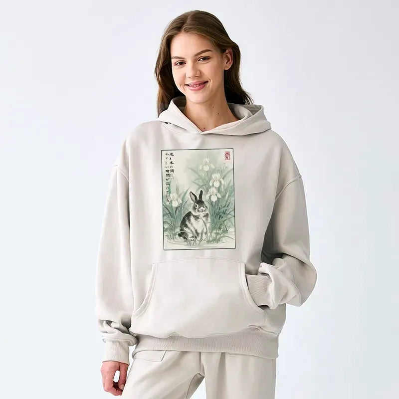 Kyoto-Lion Little Rabbit Beneath the Blooming Irises Adult Fleece Hoodie